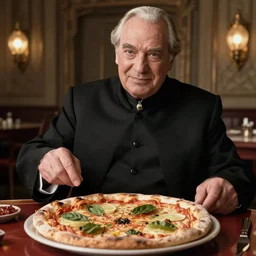 A still of Ian McDiarmid as Palpatine making a pizza, 4k, photograph, ultra realistic, highly detailed, professional lighting