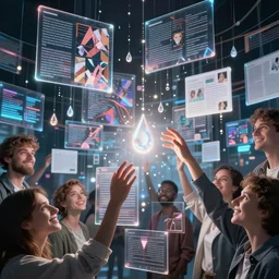 overlapping exposures, groups of happy people in cyberspace, many layers of overlapping translucent gigantic screens projecting beautiful random sized reference sheets, floating translucent graphics, dripping light drops, hands touching light drops, supercomputers transforming text to images, perfect lighting pixel sorting