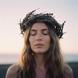 A analog head and shoulder frontal portrait photography of a woman wearing an intricate twig crown by Annie Leibovitz. Long hair. eyes closed. soft gradient pastel color background. Backlit. Kodak Color Plus 200 film. Icelandic mood. detailed. hq. realistic. warm light. muted colors. lens flare. photoreal. Leica M9.
