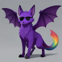 a purple wolfbat fursona with an eyepatch and a rainbow tail, drawn in a noir style, reminescent of max payne