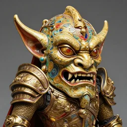 fantasy art ultra 4 k photo of a bizzare colorful golden warrior knight goblin mask made of ceramic carved by h. r. giger