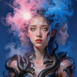 3 d, pink and blue smoke, sun rays, green eyes worried fashion model, sweat skin, liquid black metal, snakes, poster art, high detail, intricate oil painting, multiple exposure, deep blue mood, hyperrealism, 3 d, by tooth wu and wlop and beeple and greg rutkowski