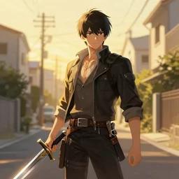 the chosen hero with his sword, detailed, beautiful, golden hour, tokyo suburbs, digital art, artstation