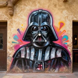 darth vader graffiti art on the wall of a cantina on tatooine