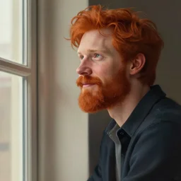 attractive red - headed bearded man looking out the window expectantly, a small smile on his lips, highly detailed, digital painting, artstation, concept art, smooth, sharp focus, illustration, art by artgerm, greg rutkowski, alphonse mucha, j. c. leyendecker