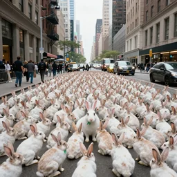 A photograph of NewYork street that was raided by a million rabbit, Ultrarealism, real , super real, colorized