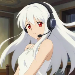 anime poster still portrait of a japanese young woman, large red eyes, white hair!!!!, long, wearing a headset in her room interior, detailed facial features, dynamic pose, cute face by ilya kuvshinov, makoto shinkai takashi takeuchi studio ghibli, akihiko yoshida, 4 k