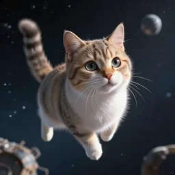 a beautiful cat floating in space, realist,  4k, unreal engine