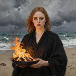 Elle Fanning in a black robe holding fire on the beach, head and shoulders portrait, stormy weather, extremely detailed masterpiece, Roger Deakin’s cinematography, oil on canvas, Johannes Vormeer,