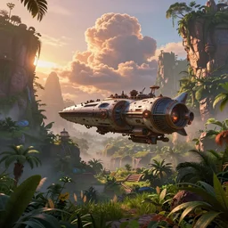 very detailed photograph of a disney pixar style steampunk spaceship floating over an elaborate ancient jungle valley with jagged rocks and peaks, misty at sunset with volumetric lighting. sunlit cumulonimbus storm clouds float over. lush foliage, grasses cover the ground. atmospheric haze, radiosity