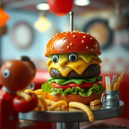 closeup tin toy hamburger feast, nicoletta ceccoli, mark ryden, lostfish, max fleischer, depth of field, detailed and intricate 1 9 5 0 s diner environment, 8 k resolution, hyperrealistic, octane render