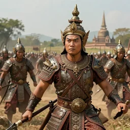 matte painting of a beautiful batttlefield of ayudhaya versus burmese, ayutthaya landscape background, smart ayudhaya armored warlords, ayudhaya warriors, super high - detail face, brerdless face, emotional movement, ethenic costume, historical hero, ethnic group, intricate, ayutthaya costume, ayutthaya traditional bronze headdress, leather and