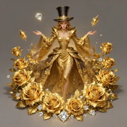 female magician, wide angle view, roses, flowers, gold, diamonds, highly detailed, artgerm, cushart krenz, artstation, soft light, sharp focus, illustration, character design, concept art
