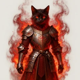 a medieval cat in royal knights armor, dark thick smokey red fire, intricate, elegant, highly detailed, centered, digital painting, artstation, concept art, smooth, sharp focus, illustration, artgerm, tomasz alen kopera, peter mohrbacher, donato giancola, joseph christian leyendecker, wlop, boris vallejo