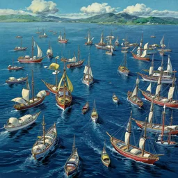 sharp focus, breath taking beautiful, aesthetically pleasing, gouache ocean and boats, digital concept art background by hayao miyazaki and studio ghibli, fine art, ambient lighting, hdr, 4 k, 8 k, cinematic, high quality art, award winning, trending, featured, masterful, dynamic, energetic, lively, elegant, intricate, complex, highly detailed, richly textured, rich vivid color, masterpiece.