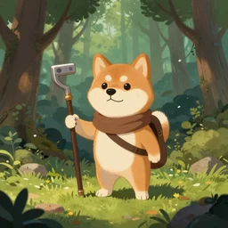 Shiba Inu ranger in the forest, fantasy painting, dungeons and dragons, whimsical
