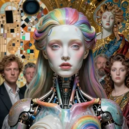 a masterpiece hyper detailed portrait of a beautiful scared girl - cyborg - topmodel. baroque renaissance. rainbow color scheme. medium shot, intricate, elegant, highly detailed, by stanley artgerm lau, wlop, rossdraws, james jean, andrei riabovitchev, marc simonetti, background by james jean and gustav klimt, light by julie bell, porcelain skin.