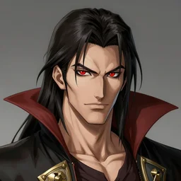 dracula, long dark hair, bright red eyes, masculine, castlevania, character concept art, sharp focus, octane render, unreal engine 5, highly rendered, trending on artstation, detailed linework, illustration by artgerm, wlop, and chie yoshii