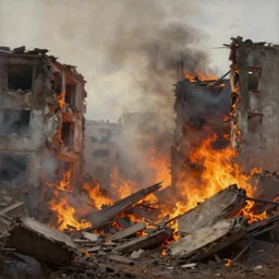 a close view of destroyed buildigs!!!, rubble!!, fires!! hyperrealistic, highly detailed, cinematic, foggy light from fires, beautiful, cgssociety, artstation, 8 k, oil painting by greg rutkowski, by artgerm, by wlop