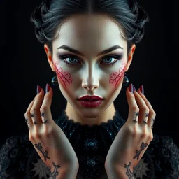 portrait of beautiful female model, perfect symmetrical pose, sharp, by irakli nadar with intricate detailed makeup candy makeupartist, dress made by patine noir, haunting, elite, elegant, ruan jia, dark, hyper detailed, concept art, by gustav klimt