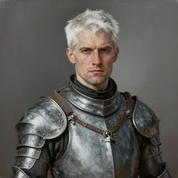 portrait painting of a cocky man with short white hair wearing a grey pelt gambeson, late 3 0 s. sharp focus, award - winning, trending on artstation, masterpiece, highly detailed, intricate. art by rebecca guay