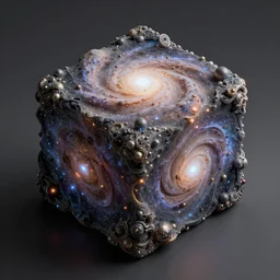 galaxy cube centered, realistic, high detail, high resolution, highly detailed cosmic sculpture, post-processing, intricate detailed, Dom Qwek, Darren Bartley, James Jean
