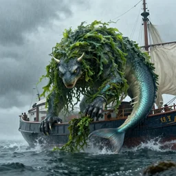 the mythological kelpie attacking trade ships, seaweed hair, fish tail, 4 k uhd, monster, rainy, maritime