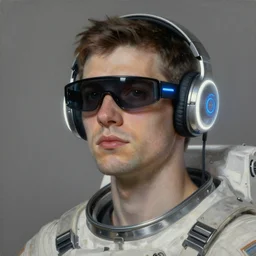 future coder man looking on, sleek cyclops display over eyes and sleek bright headphoneset, neon accent lights, desaturated headshot portrait painting by alex grey, alphonse mucha, rhads, tom whalen, dean cornwall, john berkey, donoto giancola, astronaut cyberpunk electric fashion photography