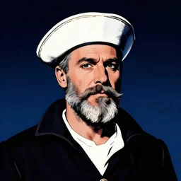 portrait of grizzled sailor, night sky background, coherent! by brom, deep color, strong line, high contrast