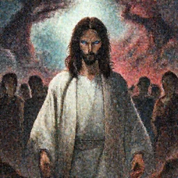 anime style jesus standing between heaven and hell looking badass with a detailed face blue eyes with a group of people behind him, hyper details, highly detailed, mega details, photo realistic
