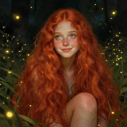 a young woman, amazed by the lights of golden fireflies, sitting in the midst of nature fully covered, long loose red hair, intricate linework, dreamy green eyes, small nose with freckles, oval shape face, soft happy smile, realistic, expressive emotions, dramatic lights, spiritual scene, hyper realistic ultrafine digital art by james jean and albert bierstadt and artgerm