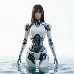 beautiful centered fine art photo portrait of hoyeon jung as a solarpunk robotic humanoid withwhite mechanical parts with led lights, rising from water, ultra - detailed and intricate, white background, sun lighting, soft focus, slow exposure hdr 8 k