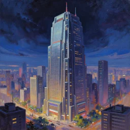 city in the style of cyberpunk, singular gigantic building focus, space sky, anime illustration, oil painting, oil painting oil painting