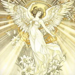 goddess angel of tranquility. hyper detailed, character concept, full body, dynamic pose, intricate, lineart, light effect, cerpuscular rays, lily flowers. by yoshitaka amano, alfons mucha and makoto shinkai. 8 k