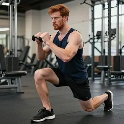 8 k insanely detailed high quality photo of a ginger handsome gym bro doing lunges at the gym, beautiful sexy handsome symmetrical face