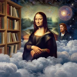 The oracle of bibliophiles on cosmic cloudscape, italian futurism, Dan Mumford, da vinci, Josan Gonzalez