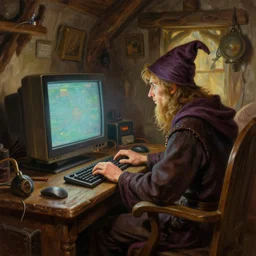 fantasy oil painting, wizard sitting at a gaming pc, as a dnd character, typing on a keyboard, big monitor, 9 0 s crt, inside a cluttered bedroom, cottagecore, extremely detailed, digital illustration, concept art, readability, smooth, sharp focus, art by brothers hildebrandt, art by alex grey