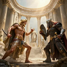 epic masterpiece of cinematographic hyperrealism where greek gods fight nordic gods in olympus. realistic shaded lighting poster by craig mallismo, artgerm, jeremy lipkin and michael garmash, unreal engine, radiant light, detailed and intricate environment, digital art, art station trends