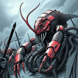 a scary lobster human ready to conquer the world with his army, extreme perspective, cinematic lighting, pen and ink, intricate line drawings, post processed, concept art, artstation, matte painting, style by raphael lacoste, eddie mendoza