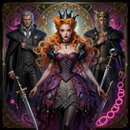 twisted alice in wonderland, fame of thrones, lord of daggers, neon, fibonacci, sweat drops, intricate fashion clothing, insane, intricate, highly detailed, surrealistic, digital painting, artstation, concept art, smooth, sharp focus, illustration, Unreal Engine 5, 8K, art by artgerm and greg rutkowski and alphonse mucha