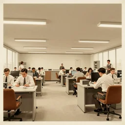 1930s poster of an infinite 70s office view from the bottom and some workers