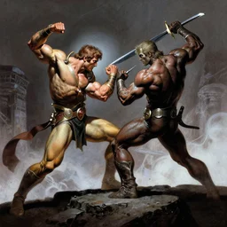 an epic duel in the abyss, frank frazetta style