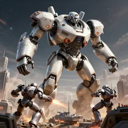 giant robot battleship attacking city, 3 d render, realist, futuristic, robotic, science fiction, space, sci fi, star wars, starship, mecha, suit, armor, game, robots, blaster, ray tracing, unreal engine, design, future, powerful, by frank gundlach