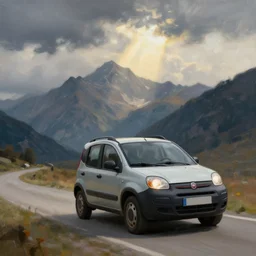 fiat panda riding in mountains, dramatic light, impressionist painting, clouds, digital painting, artstation, simon stalenhag