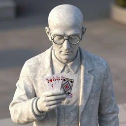 statue of a bald man wearing round glasses, holding some playing cards, daytime, high camera angle, volumetric lighting