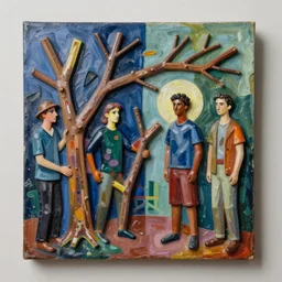 handmade plaxiglas sculpture with branches and twigs, in a painting made by yves tanguy, sculpted by david smith, painting by kay sage, by nate boyce, digital sculpture, by tyler edlin and jean delville, by john berkey and filip hodas, highly detailed, soft lighting, rendered in octane, oil on canvas, cinematic lighting, vibrant