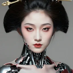 organic geisha cyborg, skin splitting opening revealing metal robot inside, fine - face, realistic shaded perfect face, fine details. anime. realistic shaded lighting poster by ilya kuvshinov, magali villeneuve, artgerm, jeremy lipkin and michael garmash and rob rey