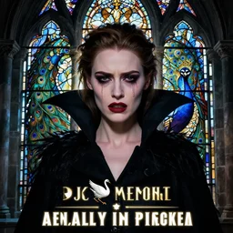 hyperrealistic portrait of amber heard sorrowful tears makeup furious as a vampire witch in a black coat swan feathers in an ornate stone stained glass dark peacock. by jeremy mann and alphonse mucha, fantasy art, photo realistic, dynamic lighting, artstation, poster, volumetric lighting, very detailed faces, 4 k, award winning