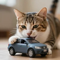high quality presentation photo of a cat biting a toy car, photography 4k, f1.8 anamorphic, bokeh, 4k, Canon, Nikon