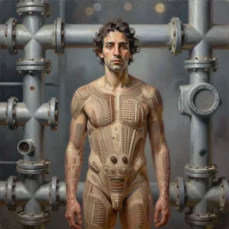 intricate character study by ( joseph noel paton ), fullbody portrait, metzel forouhar in front of a complex plumbing pipe network, digital painting, oil on canvas, depth of field, global illumination, 8 k, bokeh
